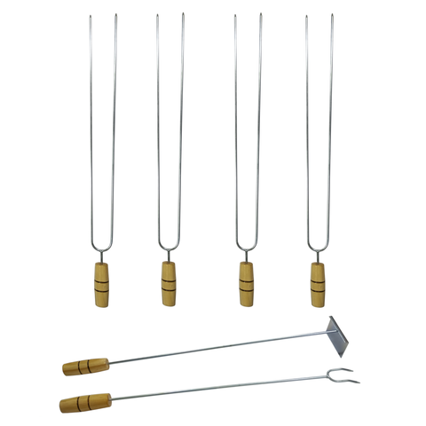 Jogo 04 Espetos Duplos Churrasco 60 Cm e 1 garfo e 1 rastelo