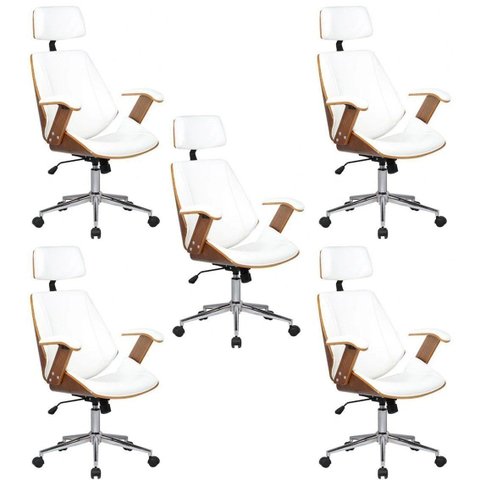 Kit 5 Cadeiras de Escritório Presidente Giratória com Apoia Cabeça Office Lisboa Branco/Marrom Rivatti