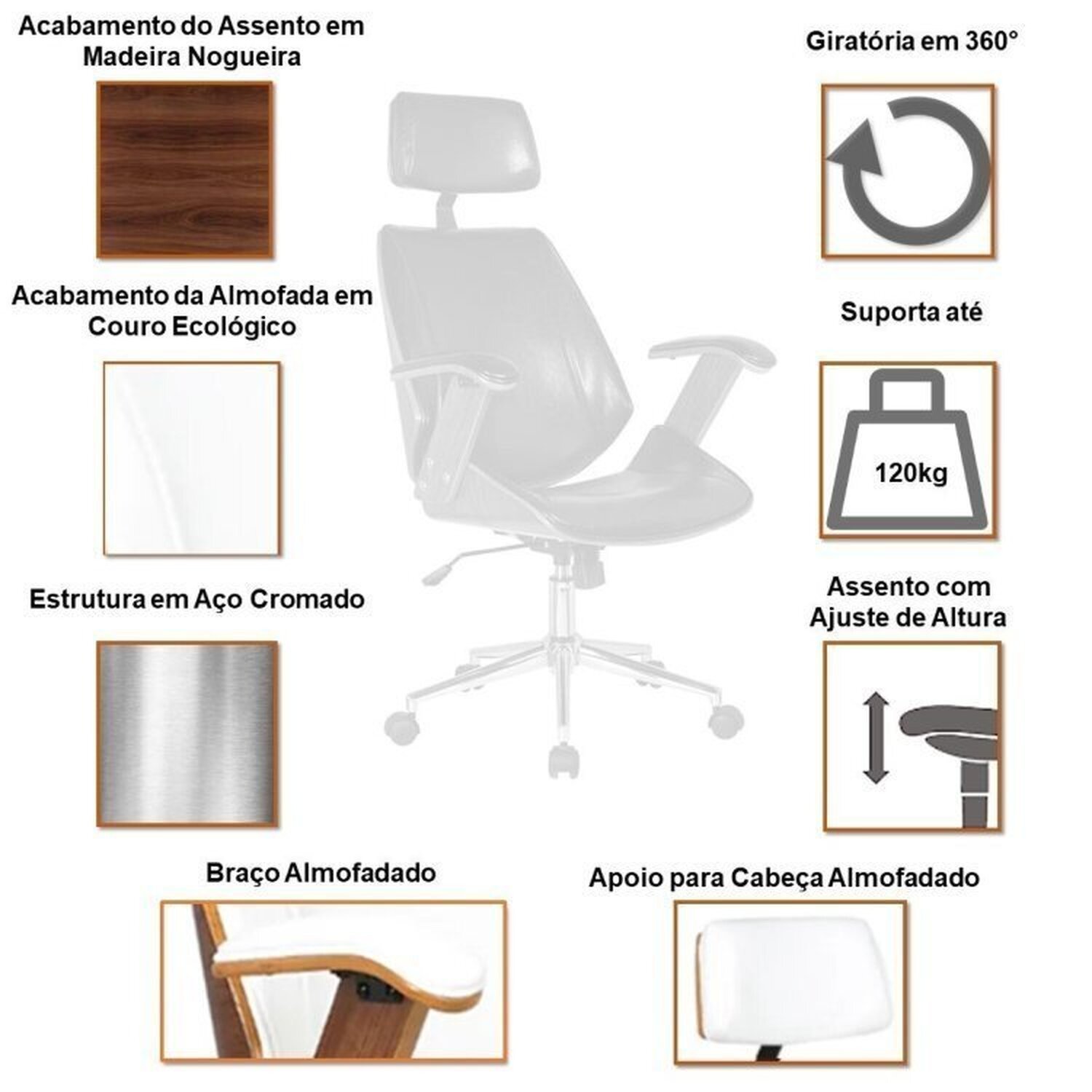 Kit 8 Cadeiras de Escritório Presidente Giratória com Apoia Cabeça Office Lisboa - 8