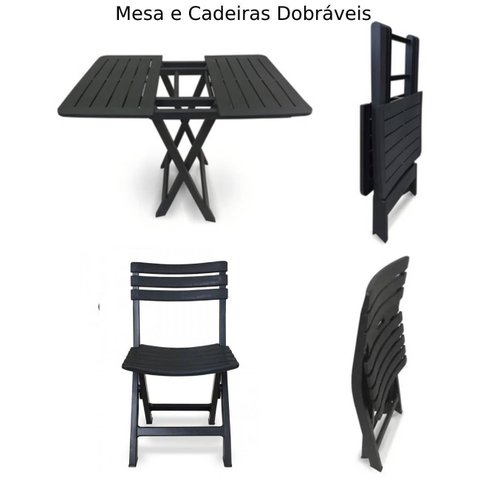 2 Mesas Quadradas Dobráveis 80x72cm Preta + 8 Cadeiras Dobráveis