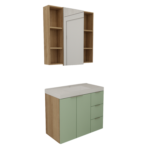 Conjunto de Banheiro com Cuba Vittare 80cm Estilare Cnj5006 Carvalho/verde Gaveta Direita