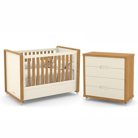 Jogo de Quarto Infantil Tutto New com Berço e Cômoda 4 Gavetas Off White/Freijó - Matic Móveis