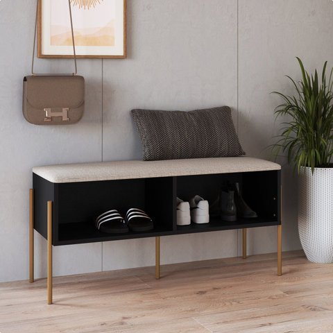 Sapateira Banco Estofada 93cm Pé Metal Oslo Preto/Nero/Dourado