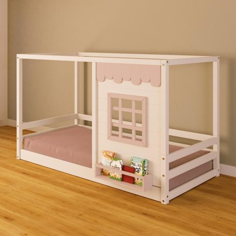 Cama Montessoriano Casinha Reta com Janela Madeira Maciça Branco/rosa Housin