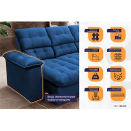 Sofá Retrátil Reclinável Atenas 2,30m Suede Velut Azul Marinho c/ Molas no Assento - King House - 3