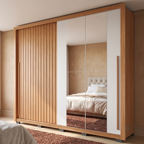 Guarda-Roupa Casal Ripado 2 Portas 4 Gavetas com Espelho Suburban Freijo e Off White