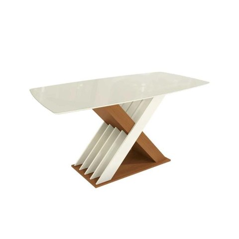 Mesa Multiuso Cozinha Graviola C/ Tampo Madeirado C/ Vidro 170x90cm Canela/off White/vidro Off White
