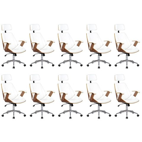 Kit 10 Cadeiras de Escritório Presidente Giratória com Apoia Cabeça Office Lisboa Branco/Marrom Rivatti