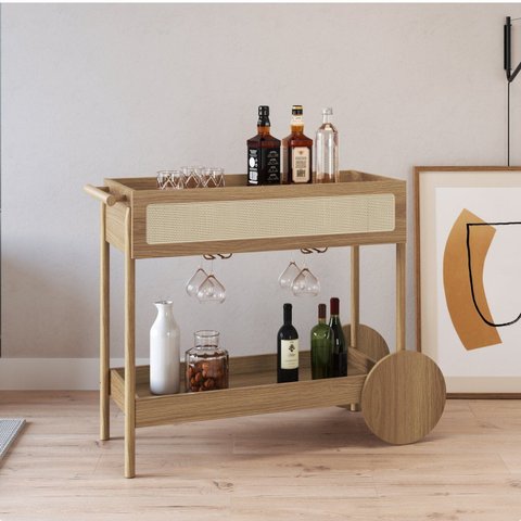 Carrinho Bar 1 Gaveta 112cm com Porta Taças Palhinha Pé Madeira Oslo Bege/Hanover