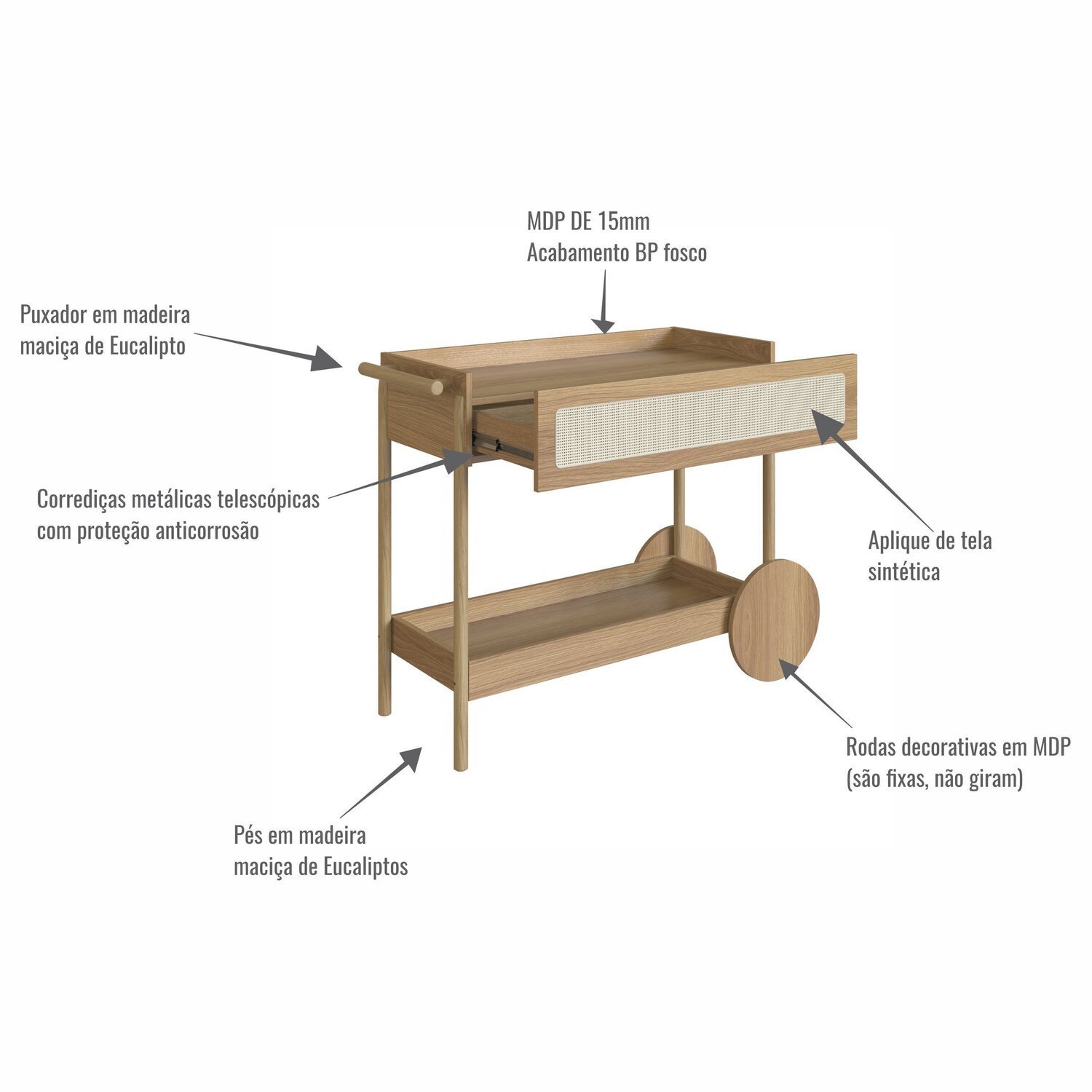 Carrinho Bar 1 Gaveta 112cm com Porta Taças Palhinha Pé Madeira Oslo - 7