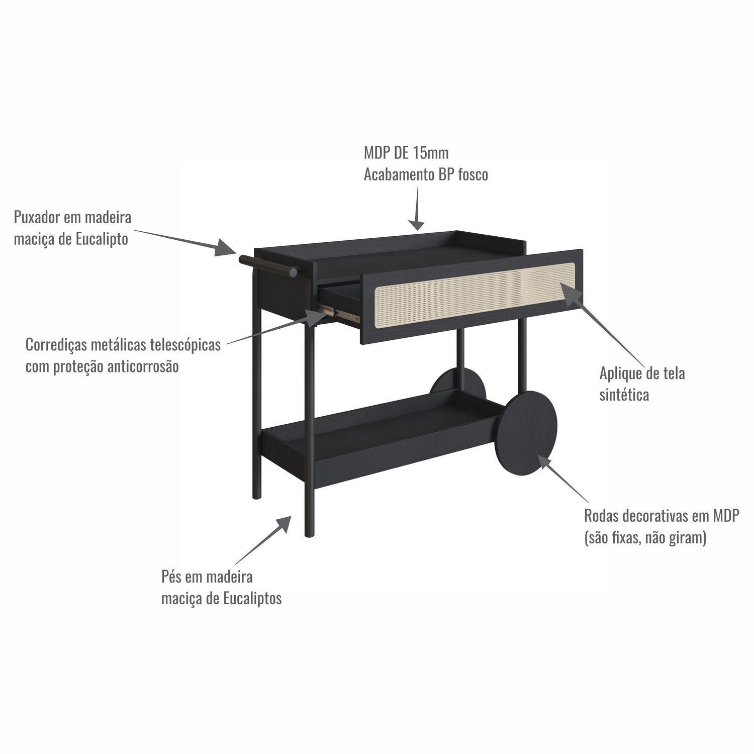 Carrinho Bar 1 Gaveta 112cm com Porta Taças Palhinha Pé Madeira Oslo - 7