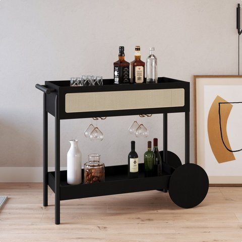 Carrinho Bar 1 Gaveta 112cm com Porta Taças Palhinha Pé Madeira Oslo Preto/Nero