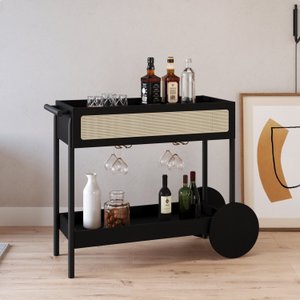 Carrinho Bar 1 Gaveta 112cm com Porta Taças Palhinha Pé Madeira Oslo