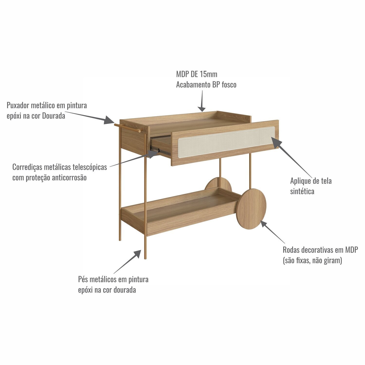 Carrinho Bar 1 Gaveta 110cm com Porta Taças Palhinha Pé Metal Oslo - 7