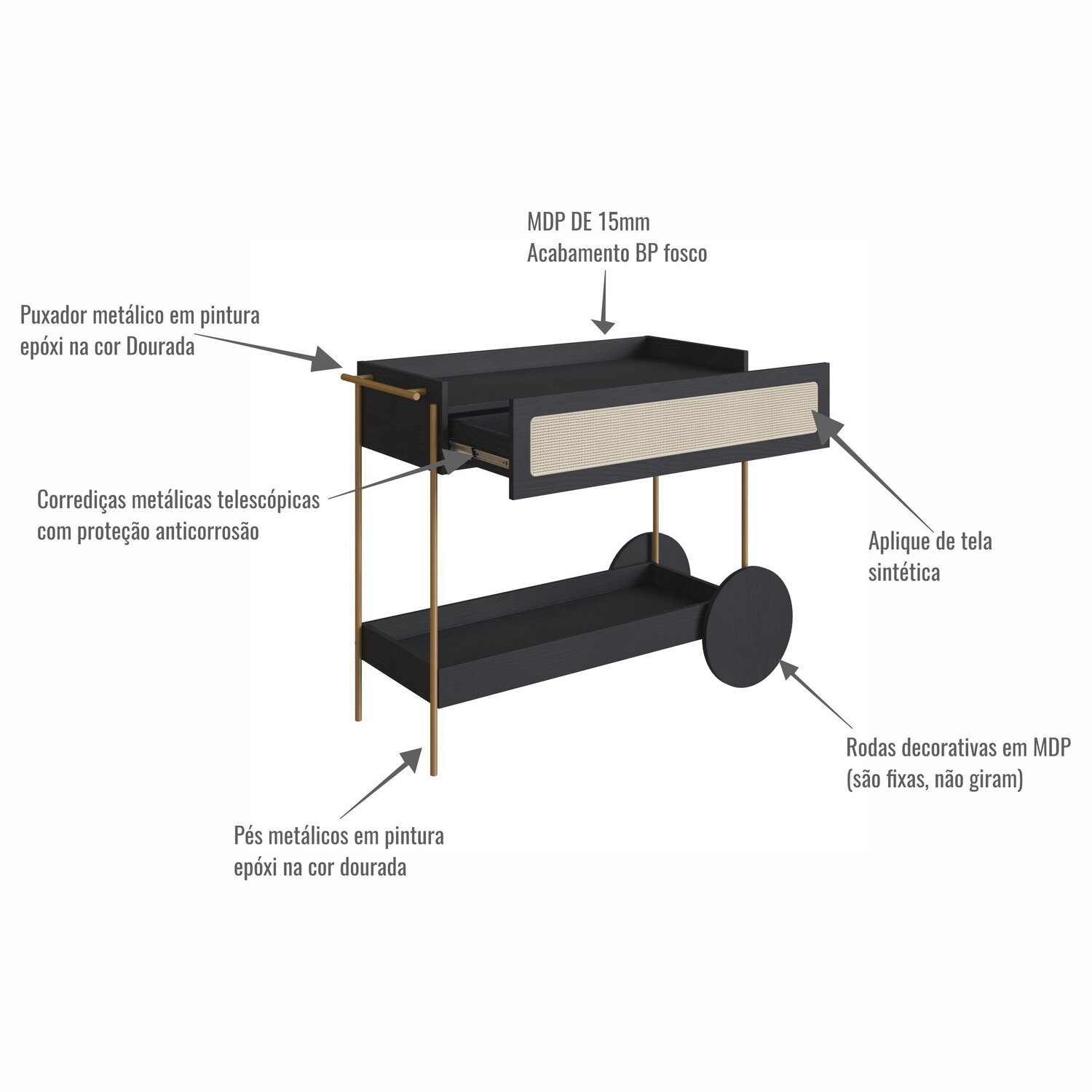 Carrinho Bar 1 Gaveta 110cm com Porta Taças Palhinha Pé Metal Oslo - 6