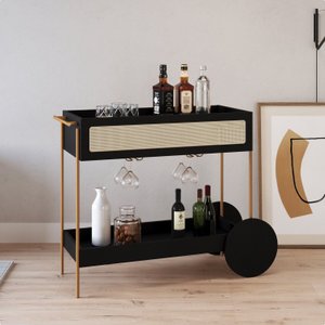 Carrinho Bar 1 Gaveta 110cm com Porta Taças Palhinha Pé Metal Oslo