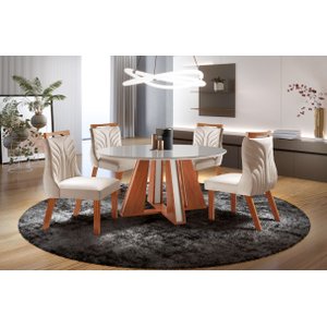 Conjunto de Jantar Aurora – Mesa Redonda com Tampo de Vidro e 4 Cadeiras Estofadas - Lj