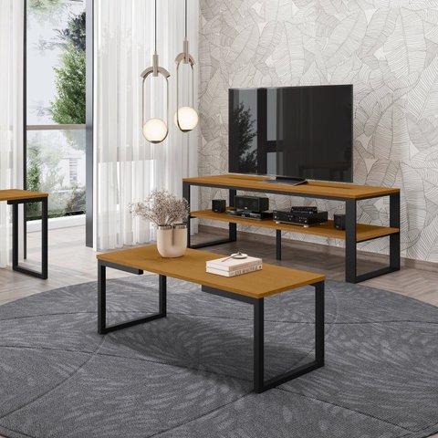 Mesa de Centro Estilo Industrial 35cm x 85cm Innovare Marrom Preto/Nature