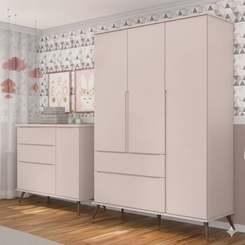 Conjunto Quarto Infantil com Guarda-roupa 3 Portas e Cômoda com Sapateira Melinda 100% Mdf