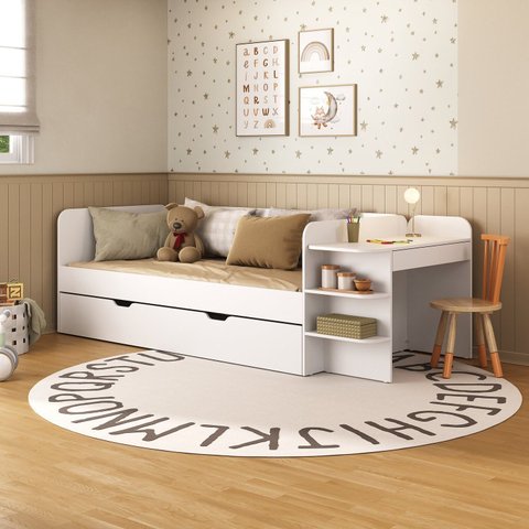 Cama de Solteiro Funcional Infantil com Escrivaninha e Cama Auxiliar 100% MDF Premium Helena Branco