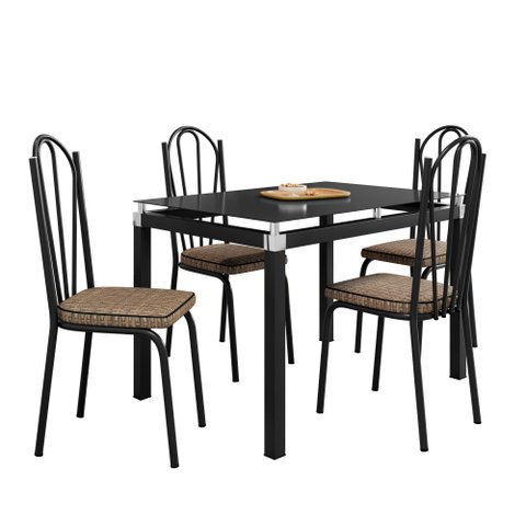 Conjunto Mesa de Jantar 4 Cadeiras Malva Tampo Vidro 107cm Sf Preto 121 Assento Rattan - Combo Stock