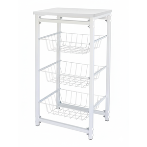 Fruteira de Chão com 3 Cestos para Cozinha Tampo Madeira Mdf Modelo Florença Suporte em Aço Branca