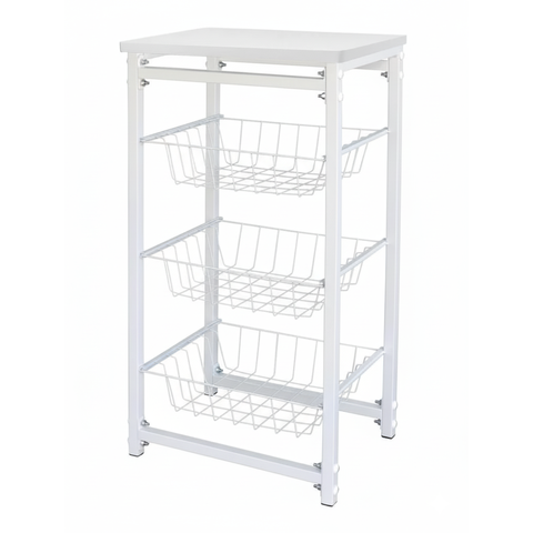 Fruteira de Chão com 3 Cestos para Cozinha Tampo Madeira Mdf Modelo Florença Suporte em Aço Branca