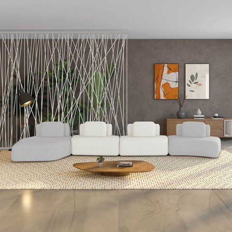 Sofá 4 Lugares Orgânico com Chaise e 3 Módulos Berlim bouclê Cinza Claro/off White K01 - D’Rossi