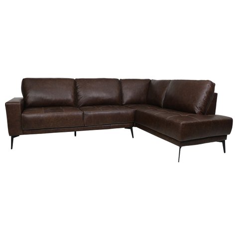 Sofá de Couro Rubi 3 Lugares com Chaise Direita Soft Tabaco - Mempra Design