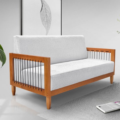 Poltrona Namoradeira Sala de Estar Pés Madeira Maciça Corda Náutica Preta 160cm Manila Linho Cinza R