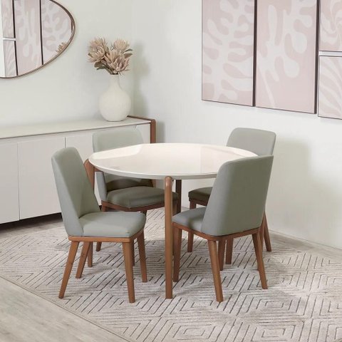Conjunto de Jantar Mesa Redonda com Vidro Donatella 4 Cadeiras Kalina - Natural C/ Carbono
