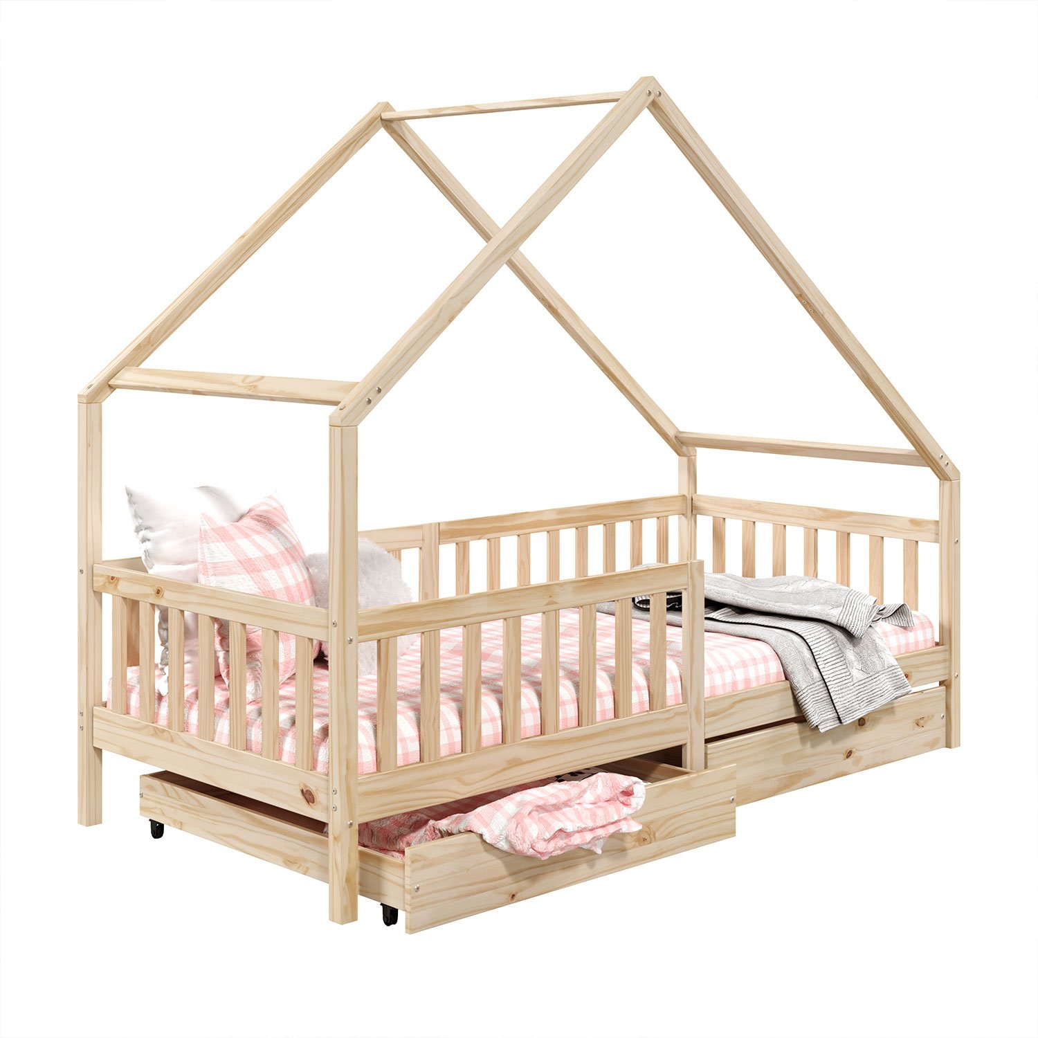 Cama Montessoriana Madeira Maciça Casa com Estrado Alva Natural - 11