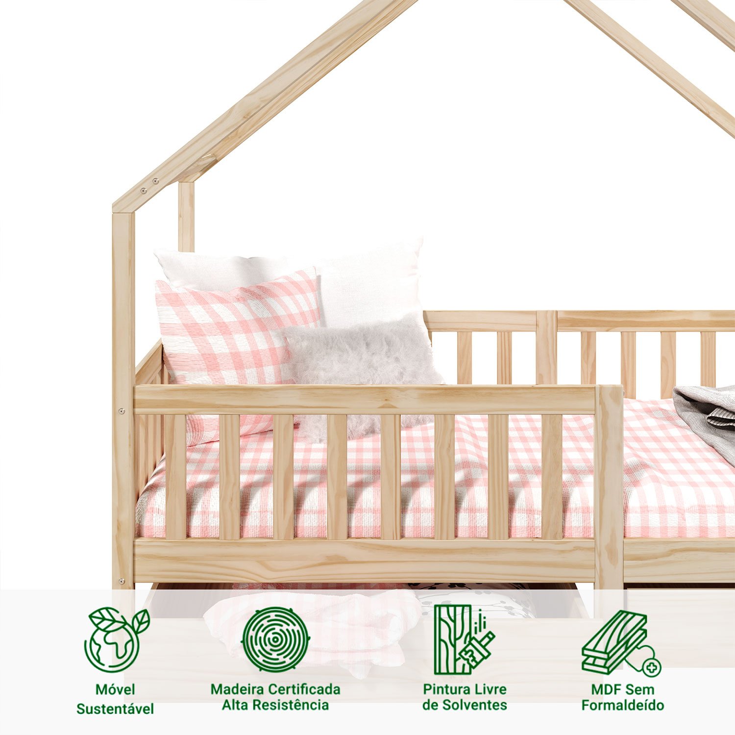 Cama Montessoriana Madeira Maciça Casa com Estrado Alva Natural - 9