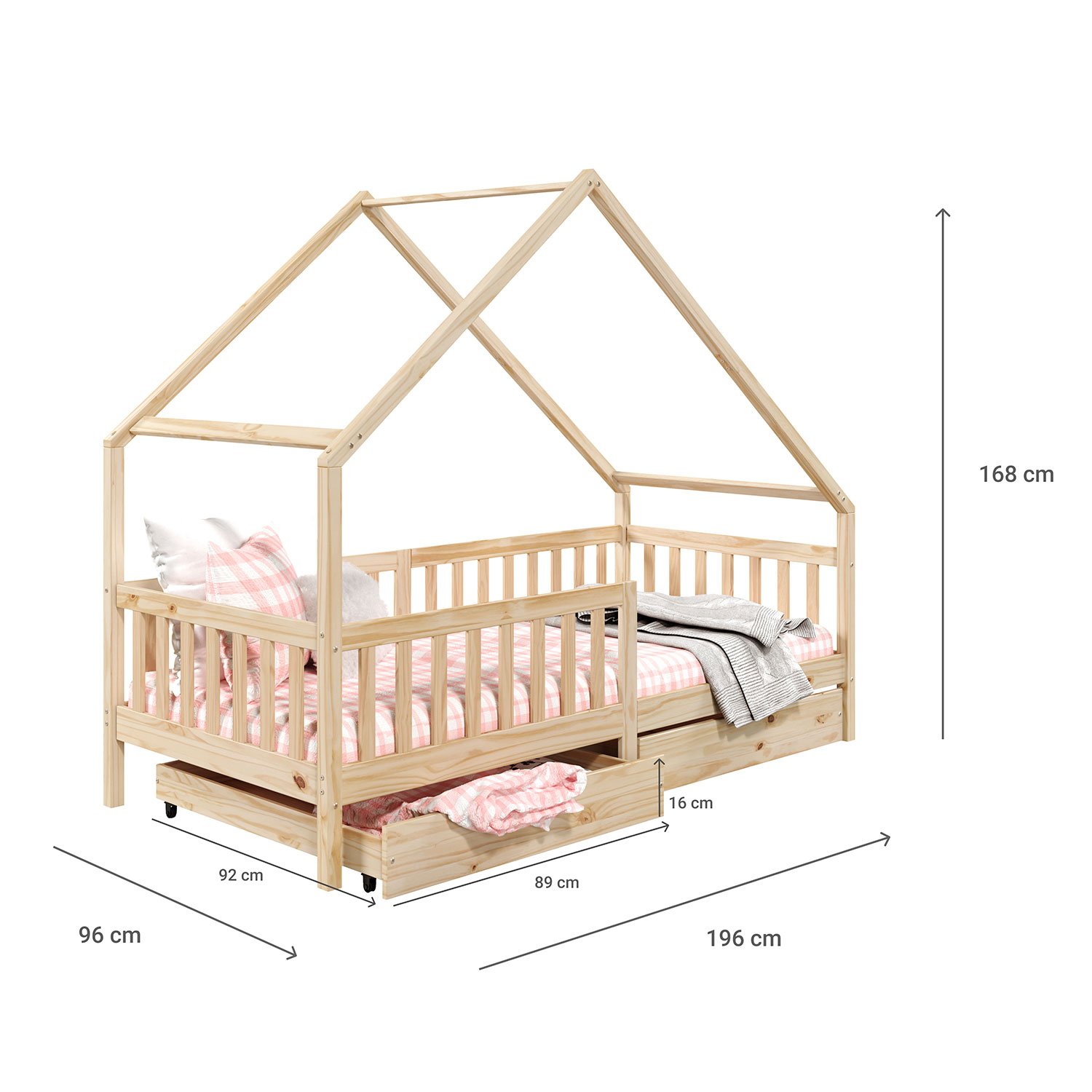 Cama Montessoriana Madeira Maciça Casa com Estrado Alva Natural - 10