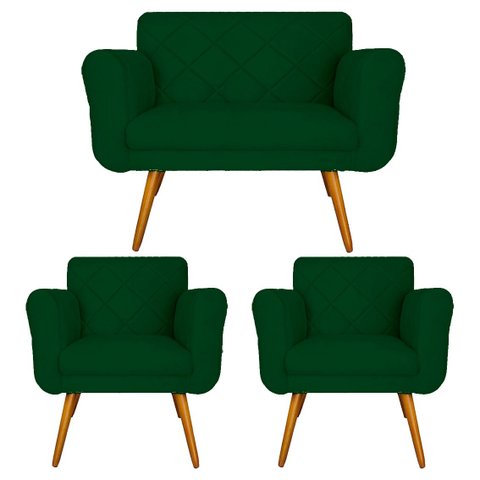 Jogo Namoradeira e 2 Poltrona Decorativa Para Recepção Isabella Suede Verde - LM DECOR