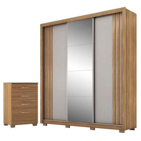 Guarda Roupa Casal Moema Amêndola Nude Flex com Espelho e Pés e Cômoda Astral Amêndola Touch com Pés