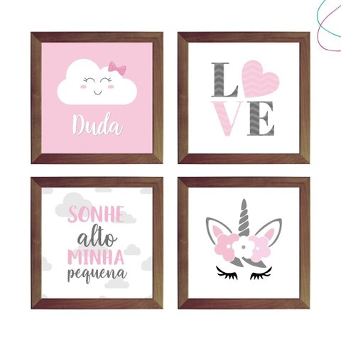 Kit com 4 Quadros Decorativos do Tema Unicórnio e Nuvem:tabaco
