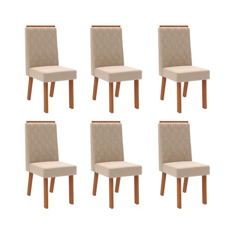 Conjunto com 6 Cadeiras Estofadas para Mesa de Jantar Sara MDF Freijó Veludo Creme DJ Móveis