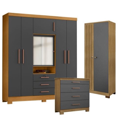 Guarda Roupa Casal Imperial com Cômoda 4 Gavetas New e Armário Multiuso Versatile Carvalho
