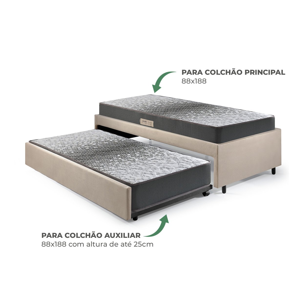 Bicama Box Solteiro 88x188 Suede Bege com Dois Colchões de Espuma Dual Firm Ecoflex - 6