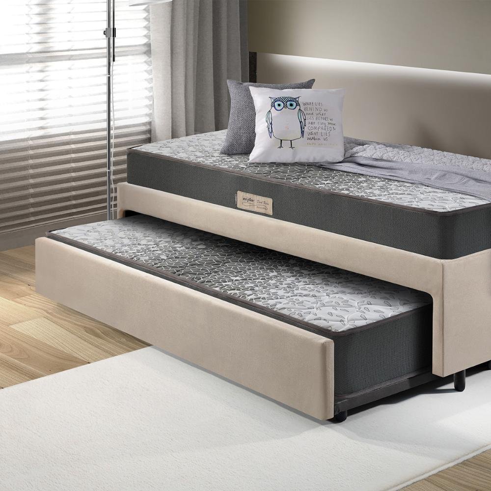 Bicama Box Solteiro 88x188 Suede Bege com Dois Colchões de Espuma Dual Firm Ecoflex