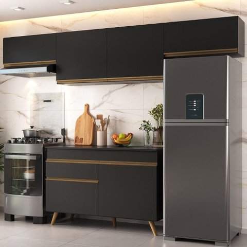 Armário Cozinha Modulada Compacta 260cm com Balcão Veneza Multimóveis Mp3766 Preto/dourado