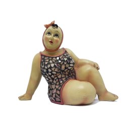 Escultura Banhista Resina Sentada Maiô Mosaico Touca Rosa - 5