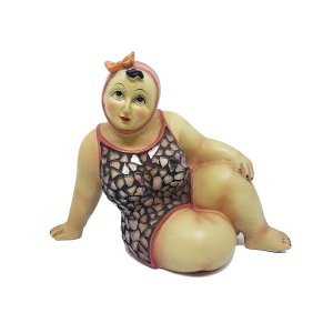 Escultura Banhista Resina Sentada Maiô Mosaico Touca Rosa