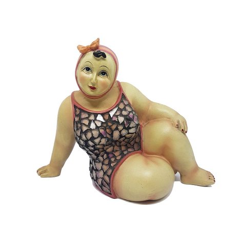 Escultura Banhista Resina Sentada Maiô Mosaico Touca Rosa
