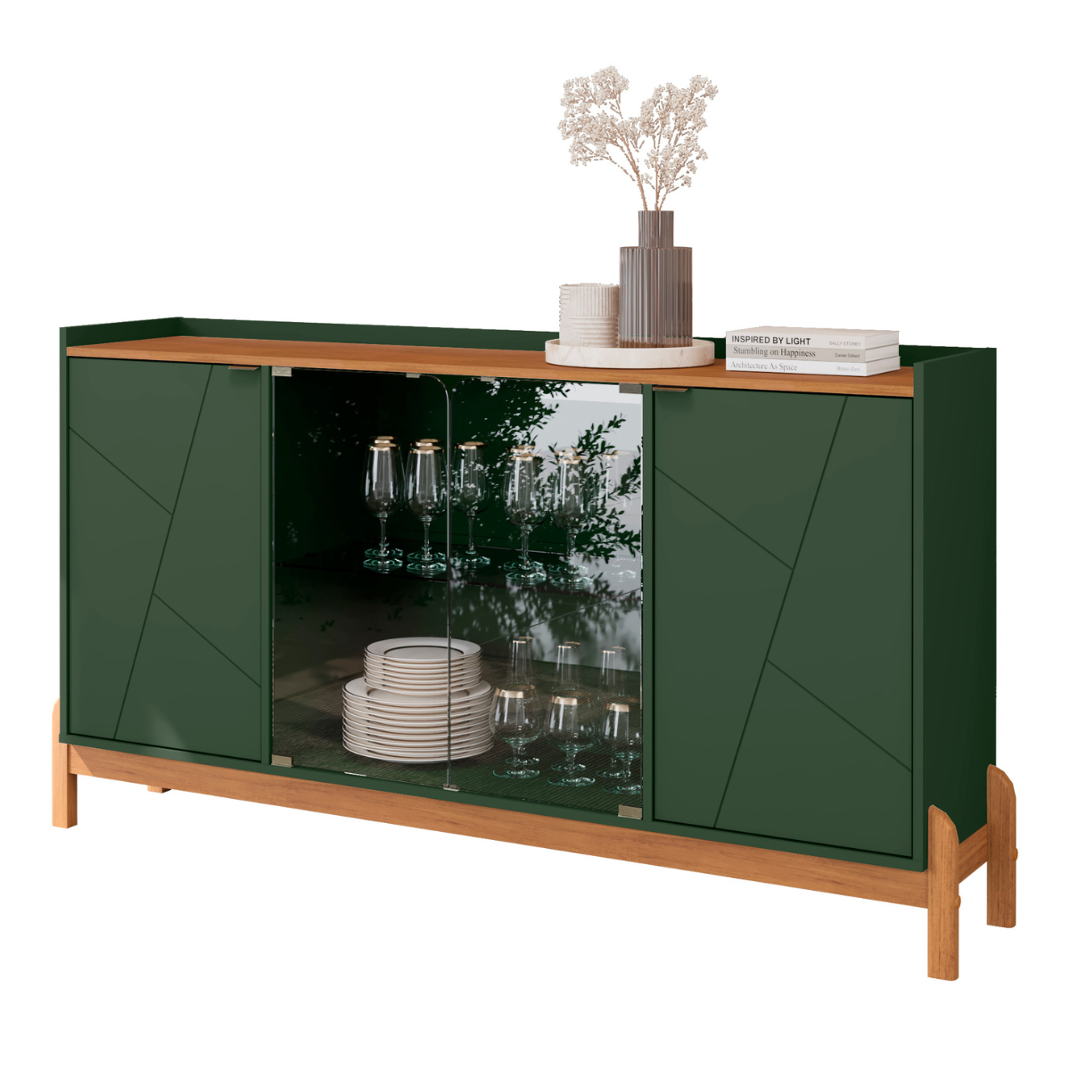 Buffet Aparador 2 Portas com Vidro Madri Verde Oliva Cedro