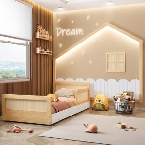 Cama Montessoriana Lift Solteiro com grade e moldura com Led Casatema