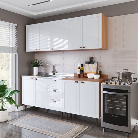 Cozinha Pérola 200cm 4 Peças Branco/Freijó Yescasa