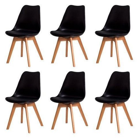 Kit 6 Cadeiras Leda Charles Eames Saarinen Wood Preta para Sala de Jantar e Cozinha em Polipropileno