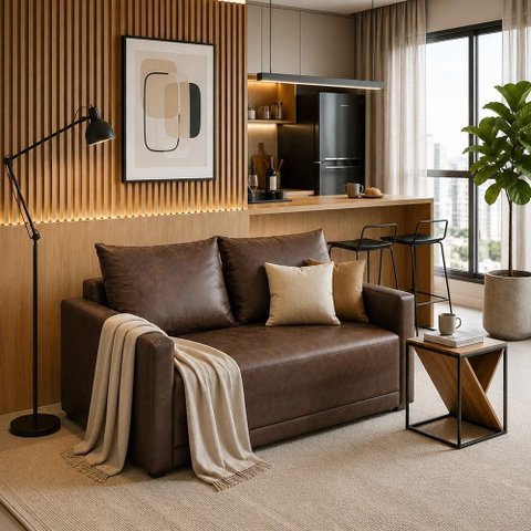 Sofá Cama Casal 147cm Desdobrável, Resistente, Confortável e de Fácil Limpeza Marrom Estofama